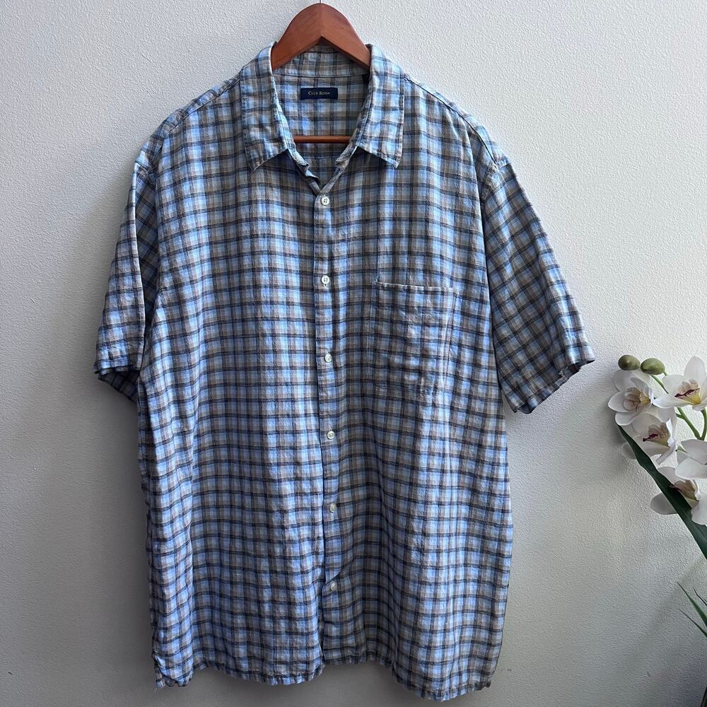 Club Room Shirt Mens XXL Blue Plaid Short Sleeve Button Front Linen Cotton Blend